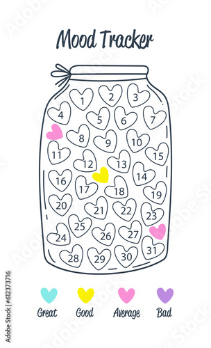 Mood tracker calendar. Year in pixels, Mood Planner, Feelings Tracker. Vector illustrations