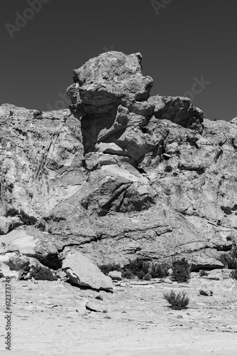 Black and white photo of formations in sandstone in the bolivian plateau