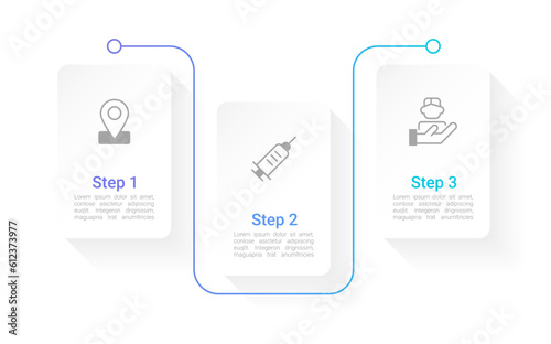 Public immunization infographic chart design template. Editable infochart with icons. Instructional graphics with 3 step sequence. Visual data presentation. Arial Regular, Bold fonts used