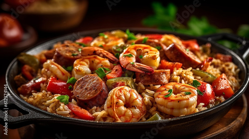 Generative AI. Spicy Cajun Jambalaya with Andouille Sausage and Shrimp