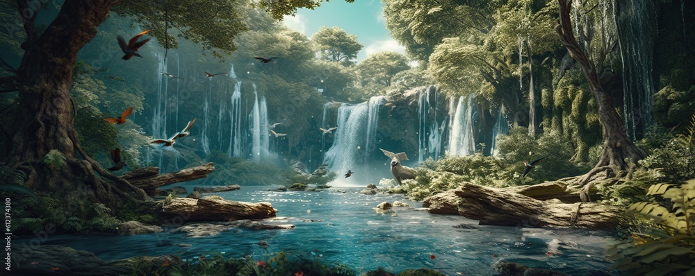 Landscape waterfall with birds Generative AI