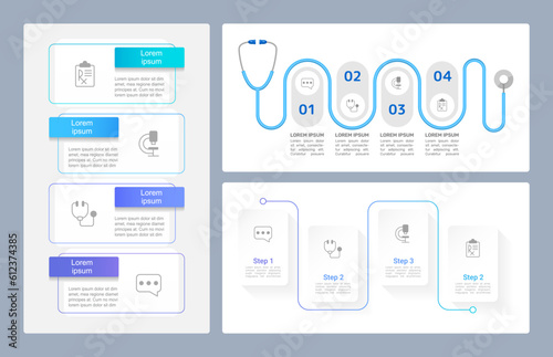 Medicine and healthcare infographic chart design templates set. Editable infochart with icons. Instructional graphics with 4 step sequence. Visual data. Acumin Variable Concept, Arial fonts used