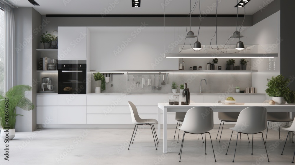 Modern minimalist white kitchen with dining area. White glossy facades, kitchen appliances, a white dining table with chairs, plants in outdoor flowerpots. Generative AI