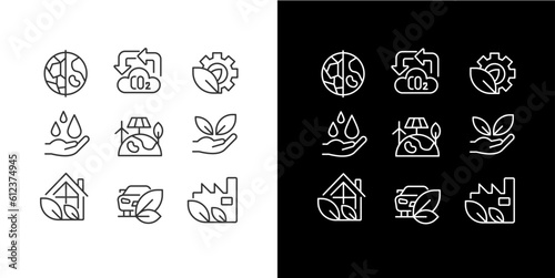 Ecology protection program pixel perfect linear icons set for dark, light mode. Sustainable industry facilities. Thin line symbols for night, day theme. Isolated illustrations. Editable stroke
