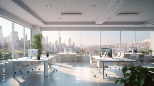 Open space office in high-tech style with floor-to-ceiling windows and city views. Light concrete walls and floors, large wooden tables, comfortable chairs, desktop computers, plants in Generative AI © Georgii