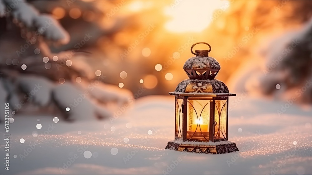 Christmas Lantern On Snow With Fir Branch Christmas Lantern On Snow With Fir Branch