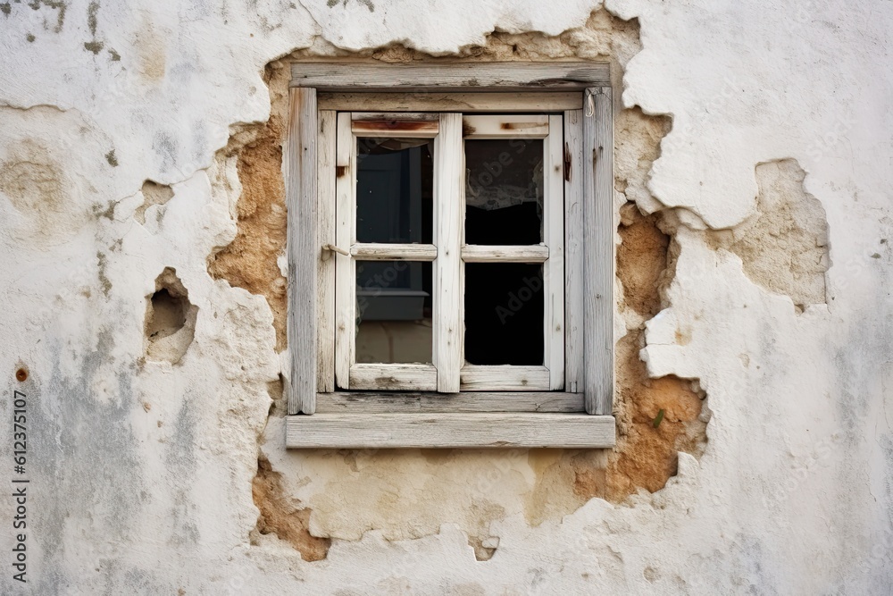 Small Window in Shabby White Wall of Old Architectural House Building: Generative AI