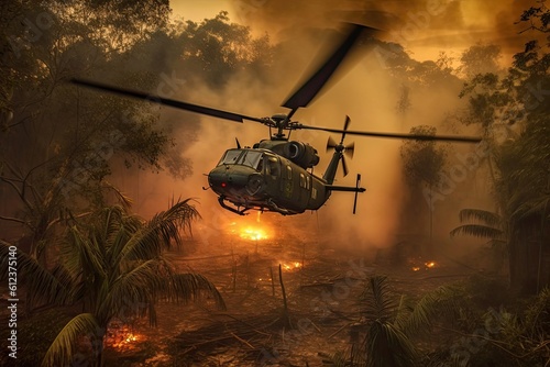 Vietnam War Helicopter in Jungle Forest - Fire and Smoke Surround Military Chopper Amid War Conflict - Generative AI Captures Epic Image: Generative AI photo