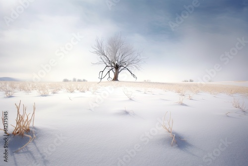 Tranquil Winter Wonderland  A Serene Landscape of Snowy Trees  Soft Grass  and Delicate Flowers  3 2 aspect ratio   Generative AI