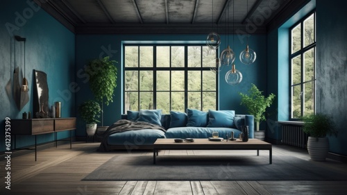 Modern elegant minimalistic luxury living room in blue tones. Blue walls and a sofa  a wooden coffee table and a console  a gray vintage carpet  live plants  huge floor-to-ceiling Generative AI