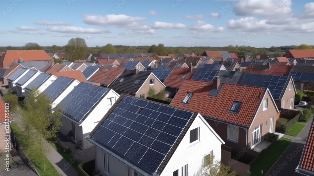Solar panels are installed on the tiled roofs of a row of modern houses in a suburb with green streets under a blue sky. sustainable energy. Alternative power generation. Generative AI Solar panels are installed on the tiled roofs of a row of modern houses in a suburb with green streets under a blue sky. sustainable energy. Alternative power generation. Generative AI