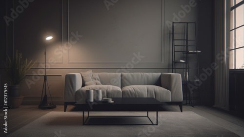 Modern minimalistic living room in light monochrome colors. Empty white walls  large sofa  coffee table  floor lamp  shelving  carpet  curtains on the window. Mock up  3D rendering. Generative AI