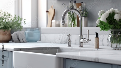 A fragment of a classic American kitchen with a window. White sink  old-fashioned faucet and detergent dispenser  white marble countertop  green houseplants. Close up shot. Generative AI