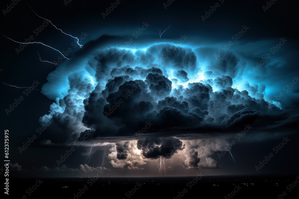 Aerial view of a stormy night sky over the sea. Severe thunderstorm, cumulonimbus clouds and lightning. Colorful dramatic majestic landscape with sea horizon. Dark blue sky with amazing Generative AI