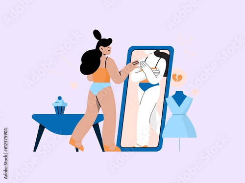 A women looking at her reflection in the mirror while worrying about her body , body shaming , self esteem