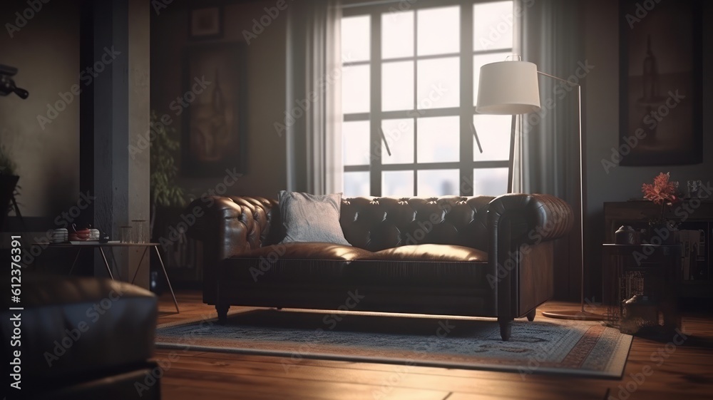 Modern classic dark living room interior. Brown leather chester sofa, floor lamp, coffee table, carpet, wooden floor, painting on the walls, large panoramic window with curtains. 3D Generative AI