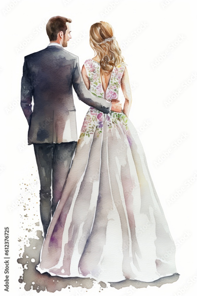 Fototapeta premium Watercolor illustration wedding couple married in full length from back colorful isolated on white background.