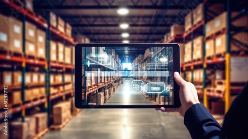 Smart warehouse, inventory management system concept, a manager using digital tablet showing warehouse software management dashboard on the blurred warehouse as background.Generated with AI