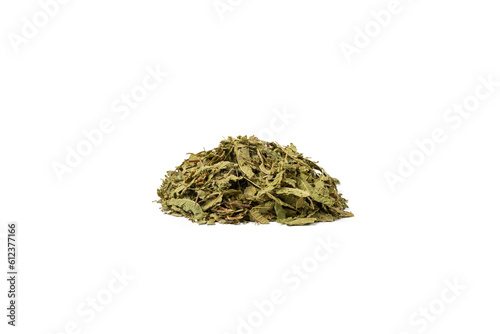 Dried leaves o Lemon verbena in latin Aloysia citrodora heap isolated on white background. Medicinal herb. Lemon verbena leaf extract is used for its energizing and refreshing properties,lemony scent. photo