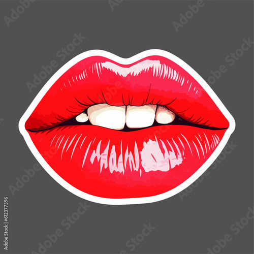 Glossy colored and sexy red lips. Vector illustration isolated on white background. Hot kiss sticker lips with red lipstick print for t-shirt 