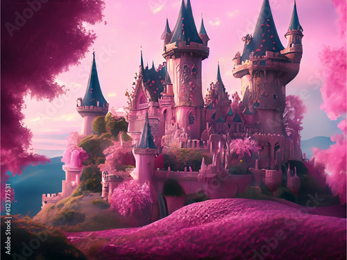 Fototapeta Enchanting fairytale castle surrounded by a magical landscape pink emphasized cr