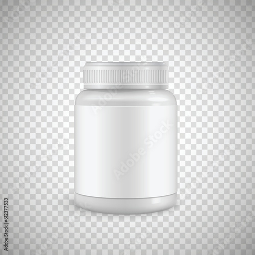 Bottle mockup with blank label isolated on Grey background. Medicine plastic packages for pills, vitamins or capsules. Vector empty jars, containers mock up