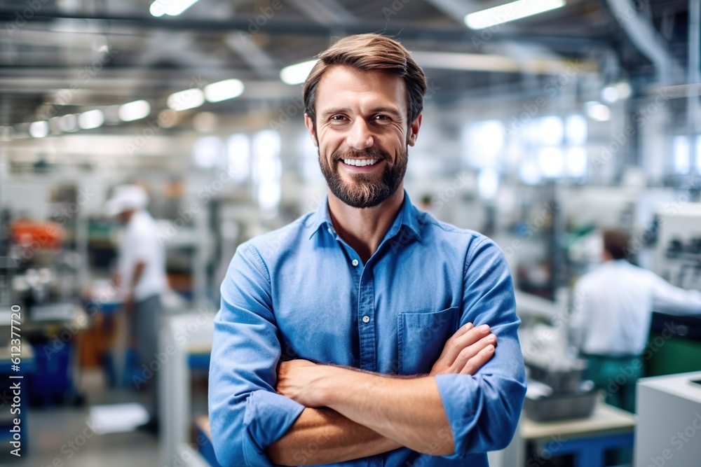 Closeup of a confident engineer male factory worker with arms crossed, industrial construction industry Closeup of a confident engineer male factory worker with arms crossed, industrial construction industry