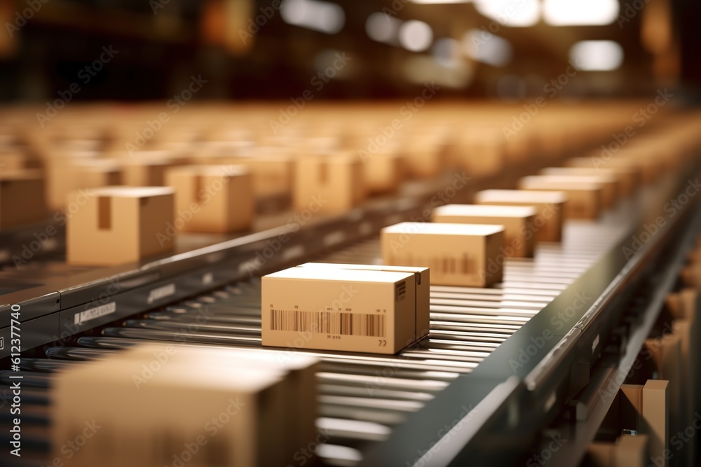 Closeup of multiple cardboard box packages seamlessly moving along a conveyor belt in a warehouse fulfillment center, a snapshot of e-commerce, delivery, automation and products. - obrazy, fototapety, plakaty 