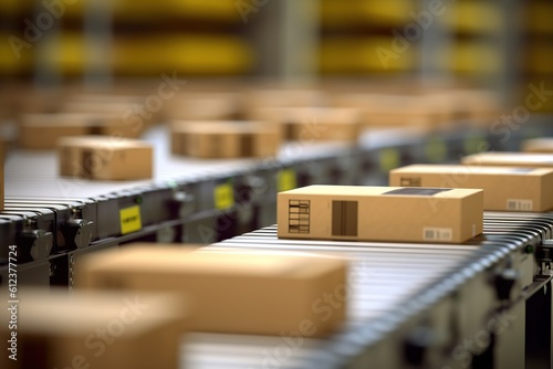 Closeup of multiple cardboard box packages seamlessly moving along a conveyor belt in a warehouse fulfillment center, a snapshot of e-commerce, delivery, automation and products. © radekcho