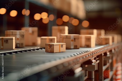 Foto Closeup of multiple cardboard box packages seamlessly moving along a conveyor belt in a warehouse fulfillment center, a snapshot of e-commerce, delivery, automation and products