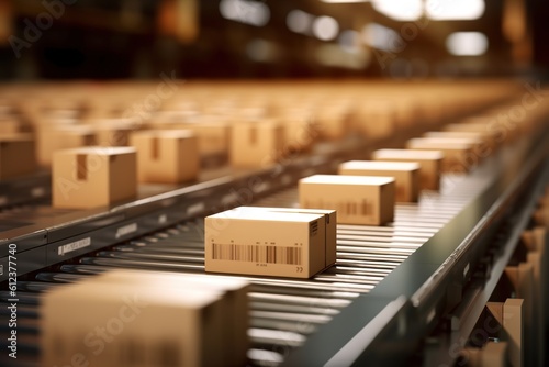 Closeup of multiple cardboard box packages seamlessly moving along a conveyor belt in a warehouse fulfillment center, a snapshot of e-commerce, delivery, automation and products. photo