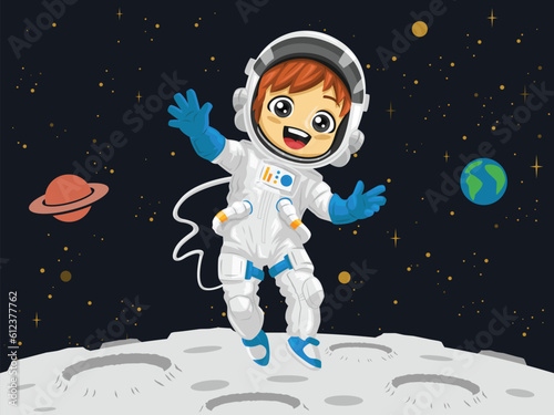 Astronaut kid wearing full astronaut suit with helmet floating in space above the moon