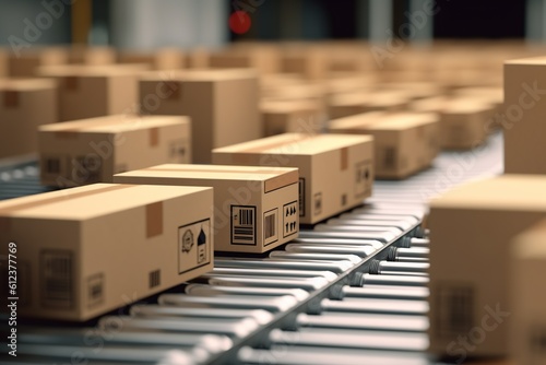 Wallpaper Mural Closeup of multiple cardboard box packages seamlessly moving along a conveyor belt in a warehouse fulfillment center, a snapshot of e-commerce, delivery, automation and products