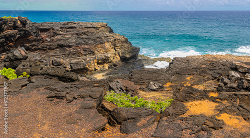 The Volcanic Shoreline of Keoneloa Bay Near Makahuena Point, Keoneloa Bay Trail, Poipu, Koloa, Kauai, Hawaii, USA photo