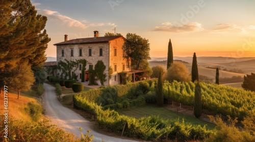 Depict a grand villa in the picturesque countryside of Umbria or Piedmont, with sprawling grounds, a private pool, and stunning vistas of vineyards or olive groves