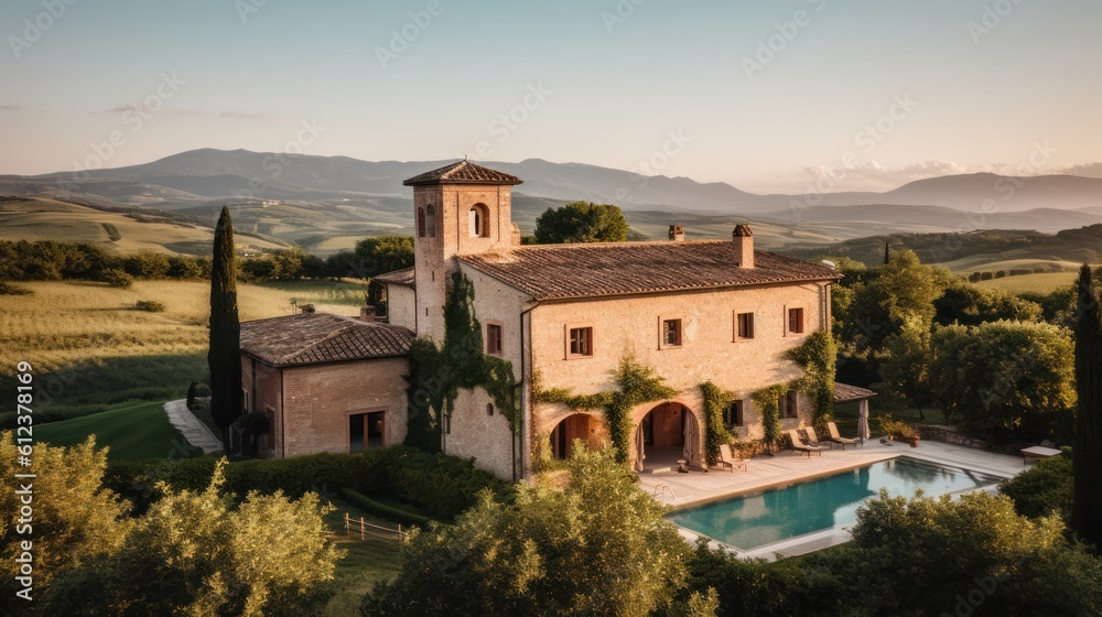 Depict a grand villa in the picturesque countryside of Umbria or Piedmont, with sprawling grounds, a private pool, and stunning vistas of vineyards or olive groves