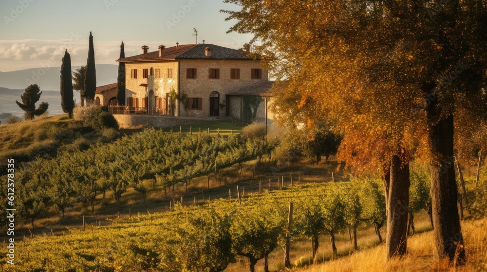 Naklejka premium Depict a grand villa in the picturesque countryside of Umbria or Piedmont, with sprawling grounds, a private pool, and stunning vistas of vineyards or olive groves
