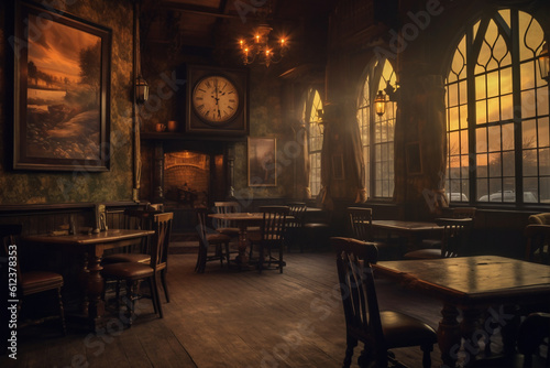 Tables of a pub style old bar, before operating hours. Traditional or British style bar or pub interior. with wooden paneling. Retro vintage atmosphere