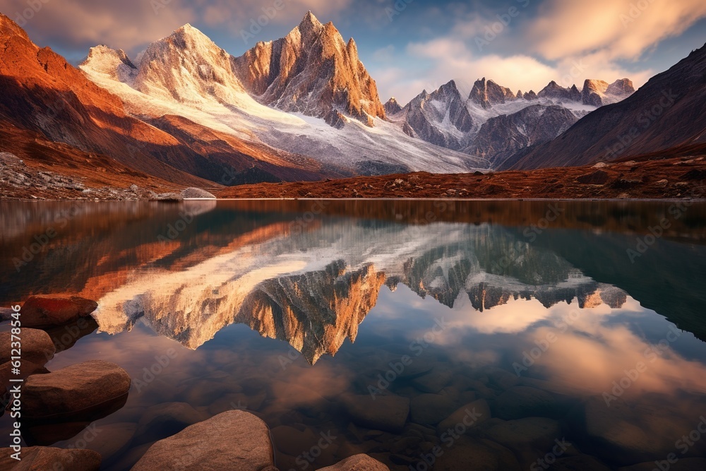 A mountain lake surrounded by towering snow-capped peaks landscape with water reflection and vibrant hues of the sky background, Generative AI