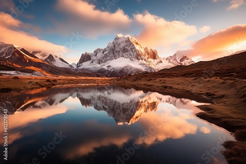 A mountain lake surrounded by towering snow-capped peaks landscape with water reflection and vibrant hues of the sky background  Generative AI