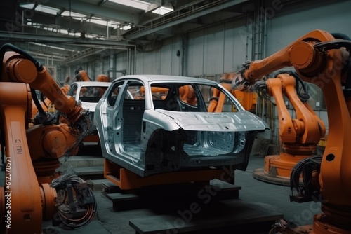 Robotic conveyor line for the assembly of cars. Mechanical assembly of car bodies. Modern automated production of cars in a factory. Generative AI