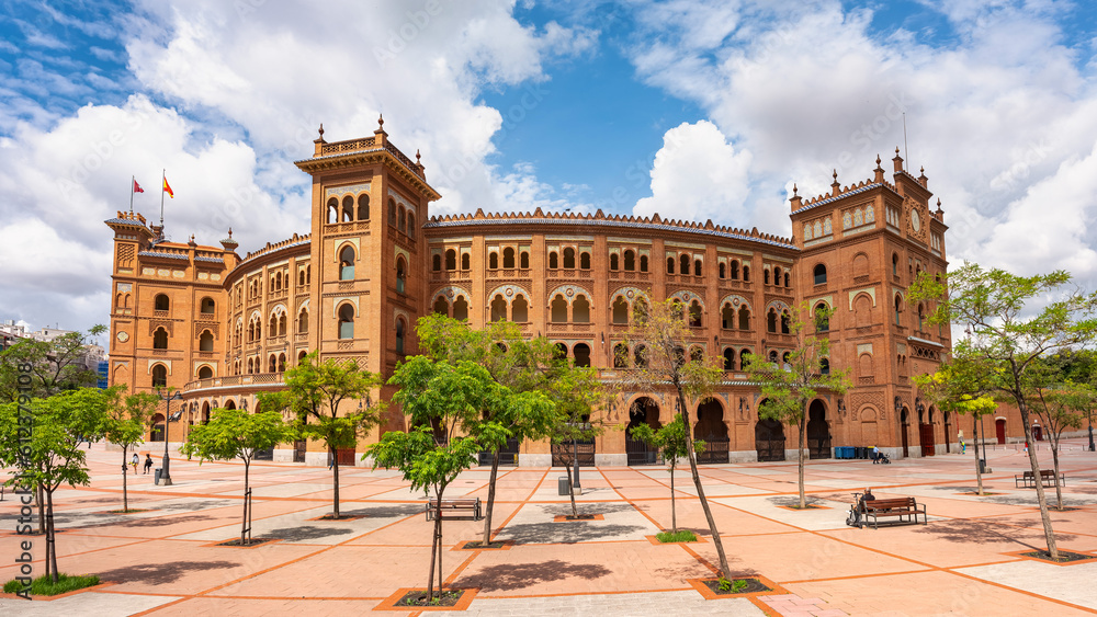 Main facade of the Las Ventas bullring with its old brick architecture, Madrid.