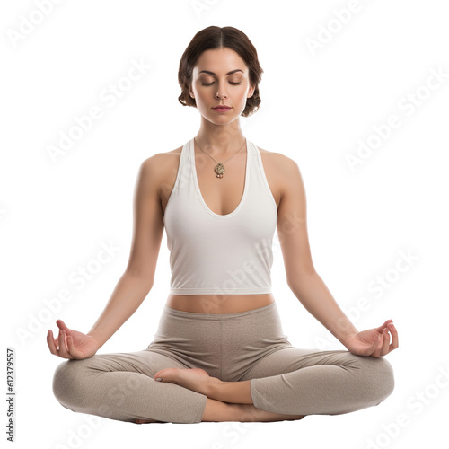 relaxed woman in a yoga pose, meditating on transparent background