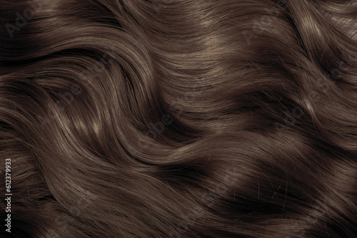 Brown hair close-up as a background. Women's long brown hair. Beautifully styled wavy shiny curls. Hair coloring. Hairdressing procedures, extension.