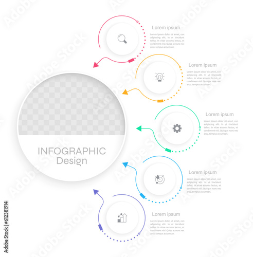 Business departments infographic chart design template. Editable infochart with icons. Instructional graphics with 5 step sequence. Visual data presentation. Arial, Merriweather Sans fonts used