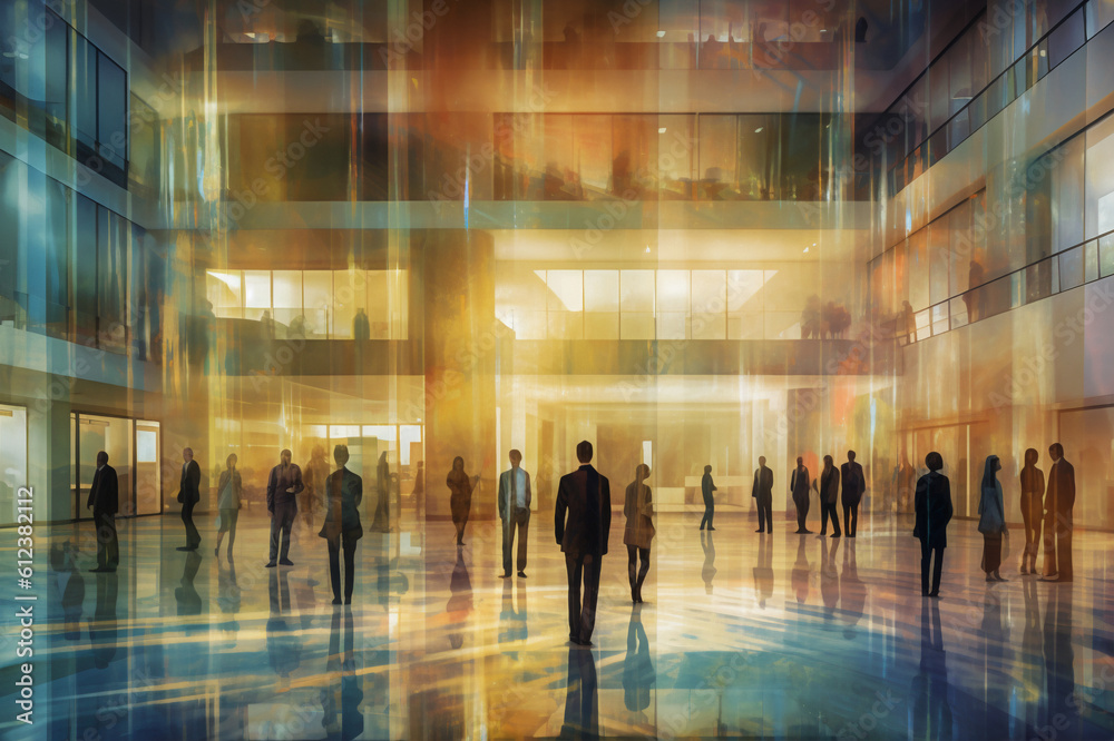 blurred business people in glass office background