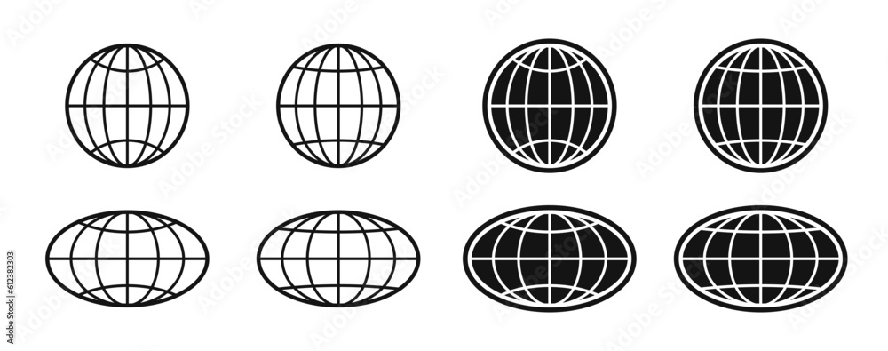 World globe icons set. Earth globe sign. Round and flatten planet symbol. Graphic elements. Vector. - obrazy, fototapety, plakaty 