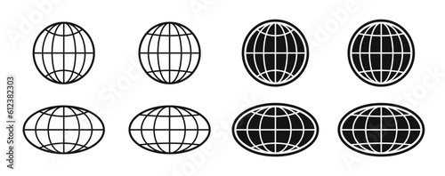 World globe icons set. Earth globe sign. Round and flatten planet symbol. Graphic elements. Vector. photo