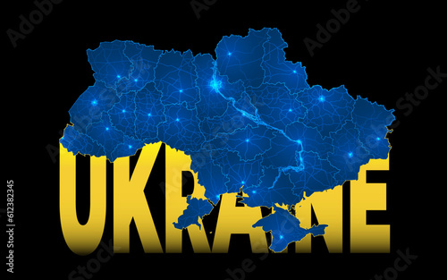 Ukraine map in digital technological style on black background with lettering. Vector illustration