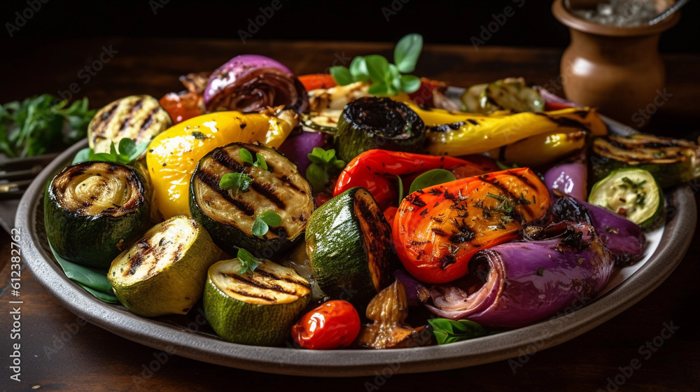 A plate of grilled vegetables, showcasing a variety of vibrant colors A plate of grilled vegetables, showcasing a variety of vibrant colors